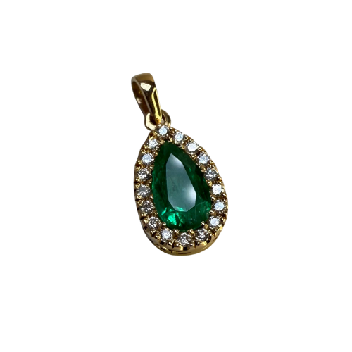 Dije de Esmeralda Natural en Forma de Lágrima con Diamantes – Oro 18K | Hecho a Mano en Colombia | Certificado Incluido