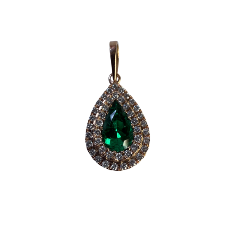 Dije Lágrima de Esmeralda Intensa con Doble Halo de Diamantes – Oro Rosa 18K | Hecho a Mano en Colombia | Joya de Alta Gama  |  Certificado incluido