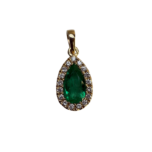 Dije de Esmeralda Natural en Forma de Lágrima con Diamantes – Oro 18K | Hecho a Mano en Colombia | Certificado Incluido