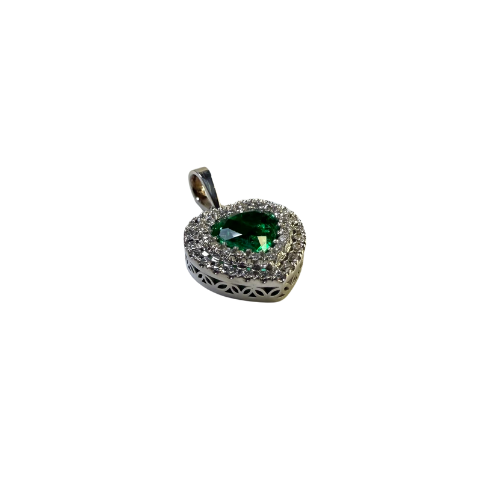 Dije Corazón de Esmeralda con Doble Carril de Diamantes – Oro Blanco 18K | Alta Joyería Furatena | Pieza de Colección