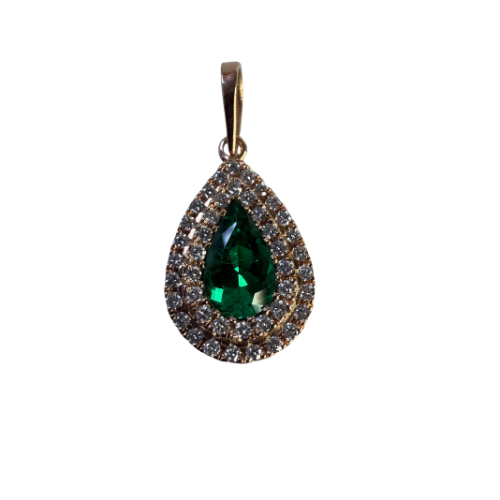 Dije Lágrima de Esmeralda Intensa con Doble Halo de Diamantes – Oro Rosa 18K | Hecho a Mano en Colombia | Joya de Alta Gama  |  Certificado incluido
