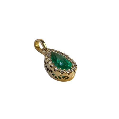 Dije de Esmeralda Natural en Forma de Lágrima con Diamantes – Oro 18K | Hecho a Mano en Colombia | Certificado Incluido