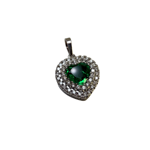 Dije Corazón de Esmeralda con Doble Carril de Diamantes – Oro Blanco 18K | Alta Joyería Furatena | Pieza de Colección